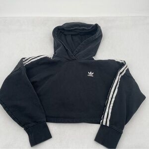 ADIDAS Women’s Black Cropped Hoodie white 3 stripes & logo hooded sweatshirt XS